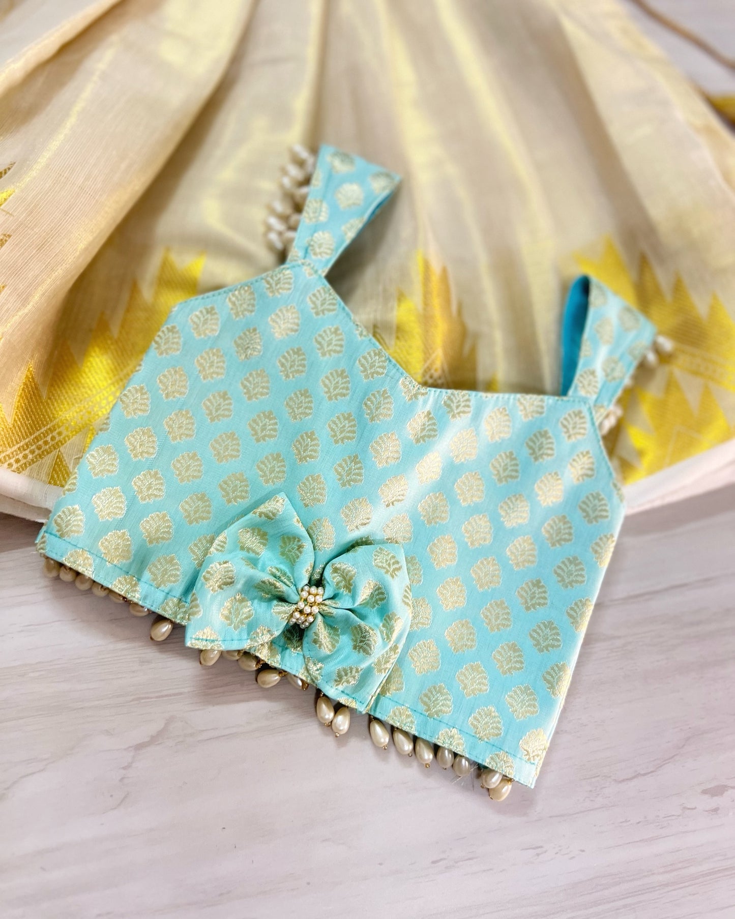 Aqua Love Kerala Style Pearl Embellished Lehenga Set
