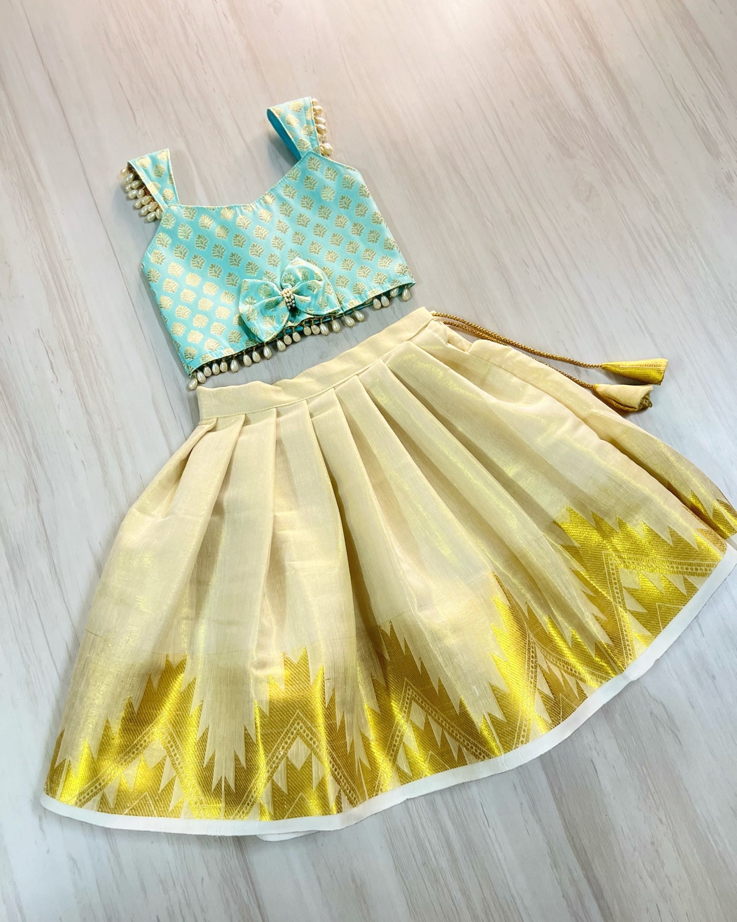 Aqua Love Kerala Style Pearl Embellished Lehenga Set