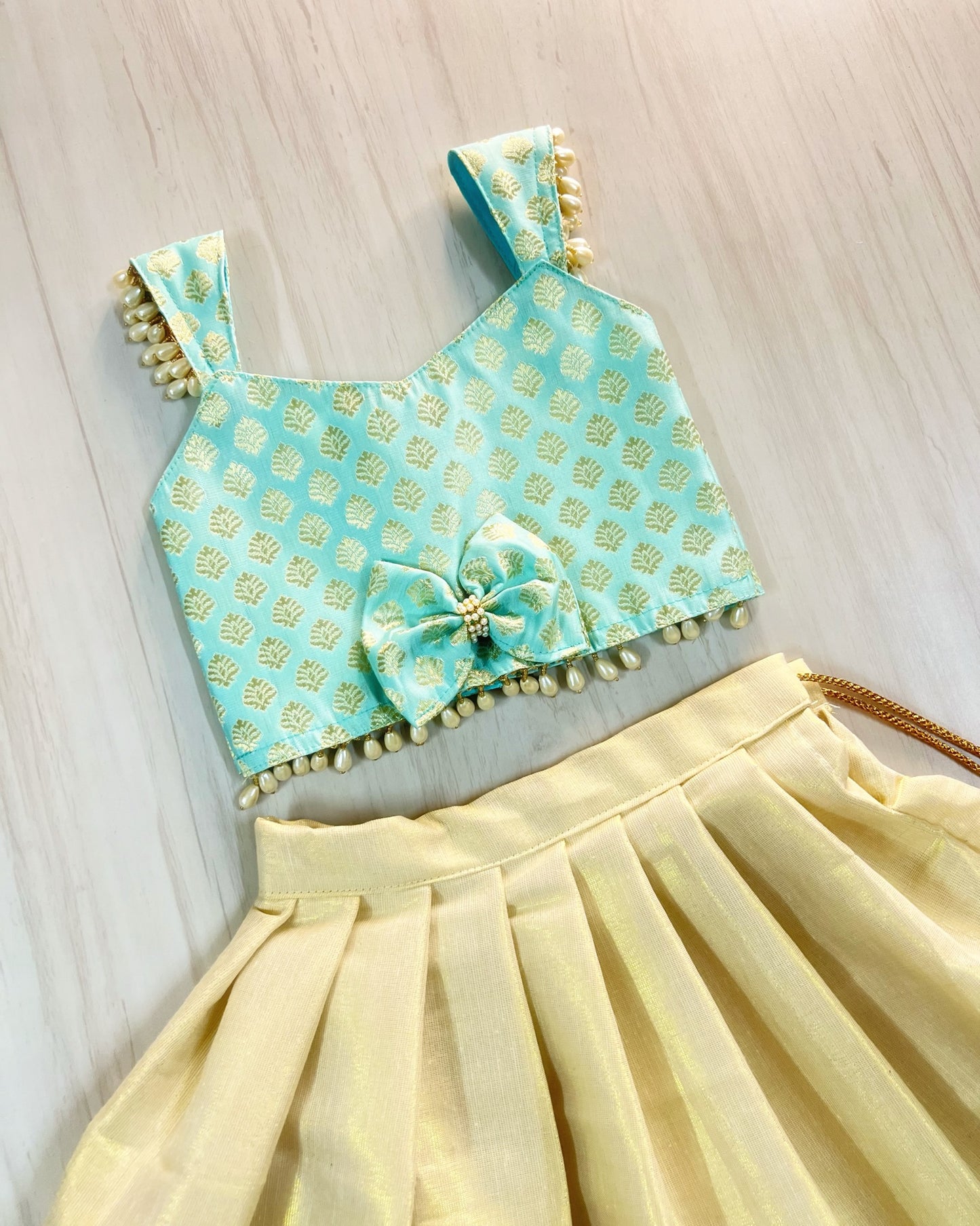 Aqua Love Kerala Style Pearl Embellished Lehenga Set