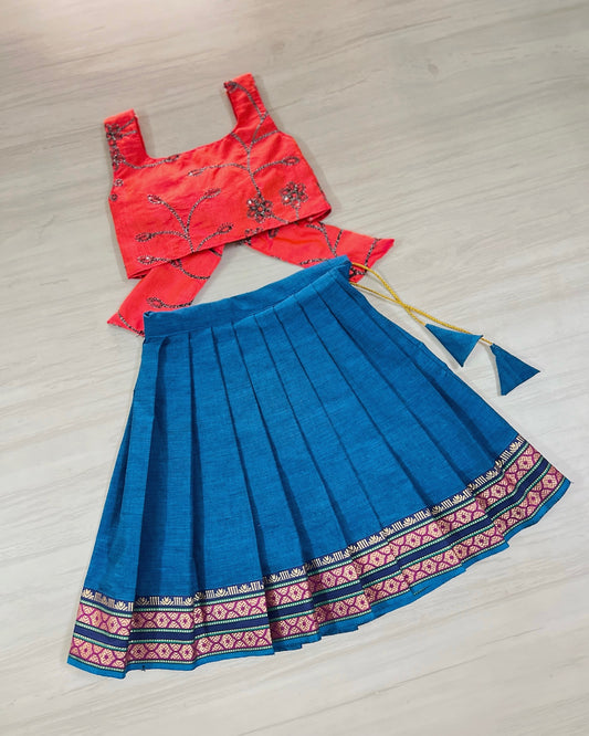 Peach Orange Tie Up Top With Blue Cotton Pleated Skirt | The Silkberry