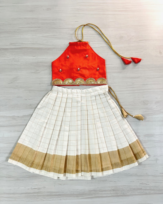 Fire Orange Halter Neck Top With White Cotton Pleated Skirt | The Silkberry