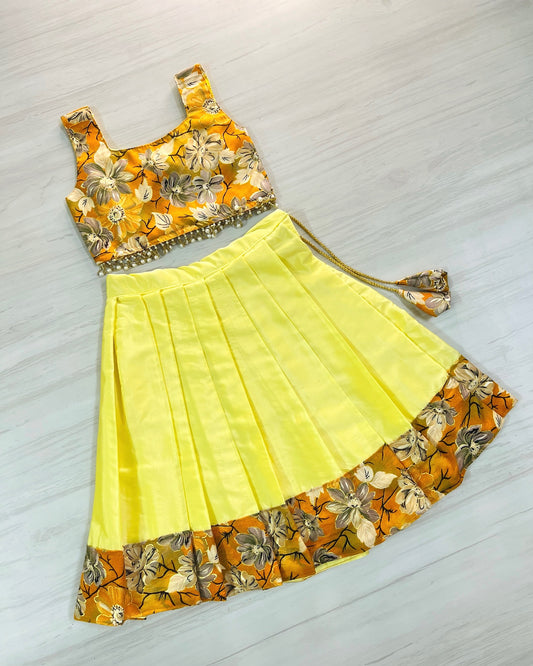 Autumn Glow Cute Bow Top With Hanging Pearls Lehenga Set | The Silkberry