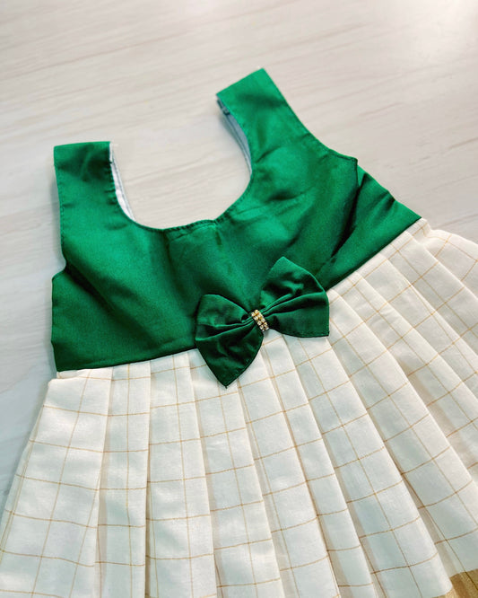 White And Dark Green Bow Style Frock | The Silkberry