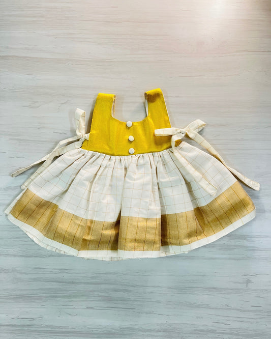 Gold And White Puffy Frock With Tie Up Bow | The Silkberry