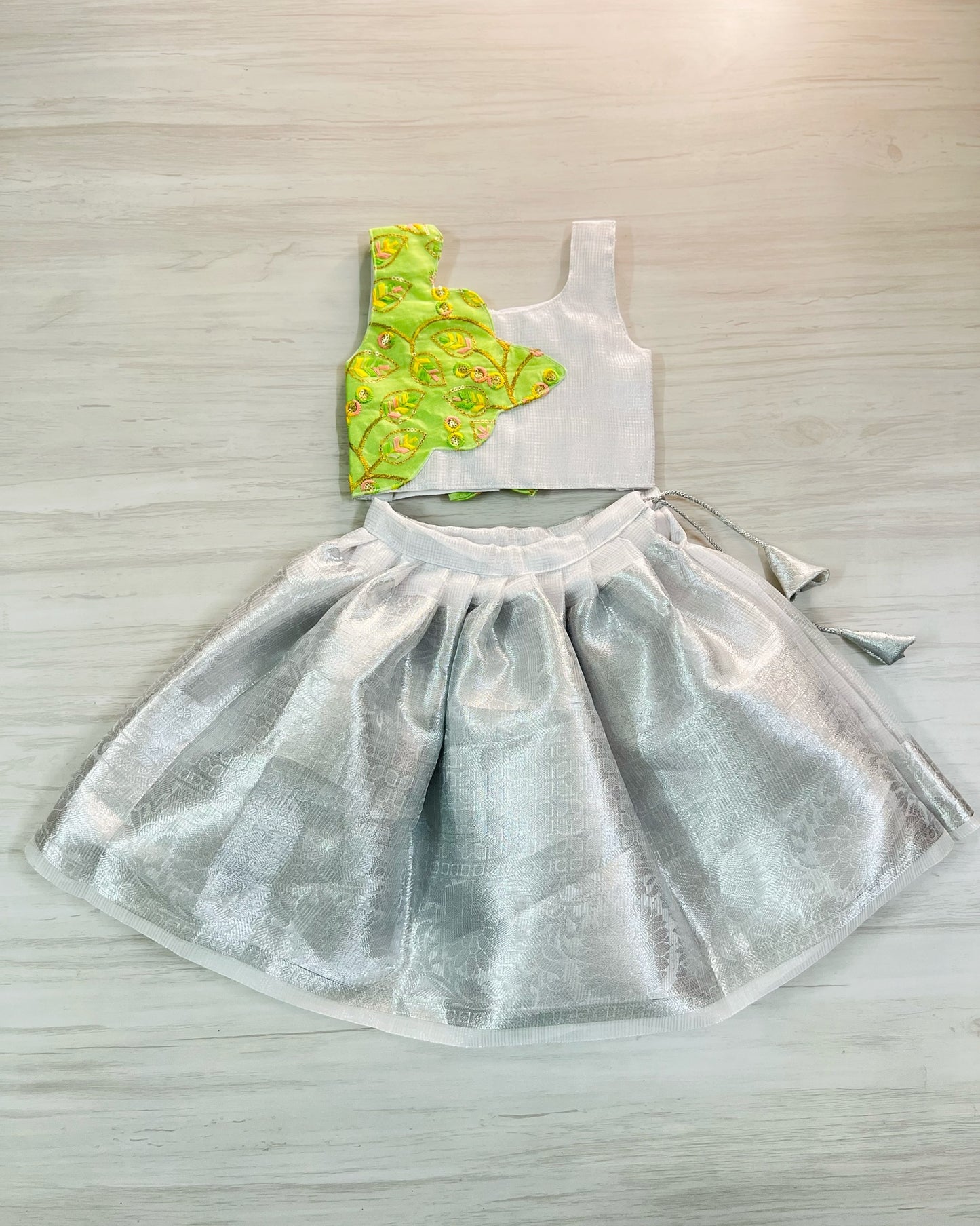 Thyme Green Scallop Overlay Top With Silver Lehenga Set | The Silkberry