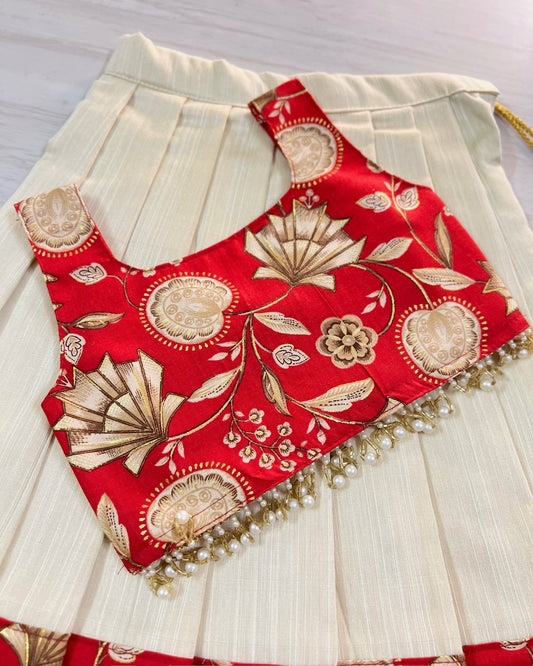 Scarlet Beauty Cute Bow Top With Hanging Pearls Lehenga Set | The Silkberry
