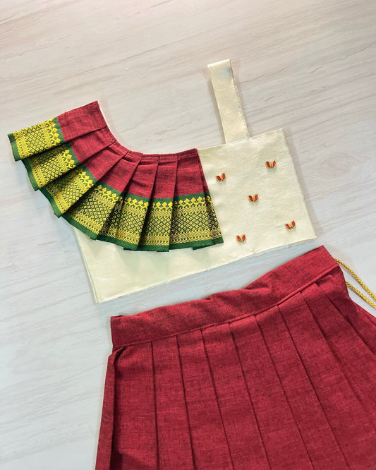 Royal Maroon And Ivory Fan Style Pleated Lehenga Set | The Silkberry