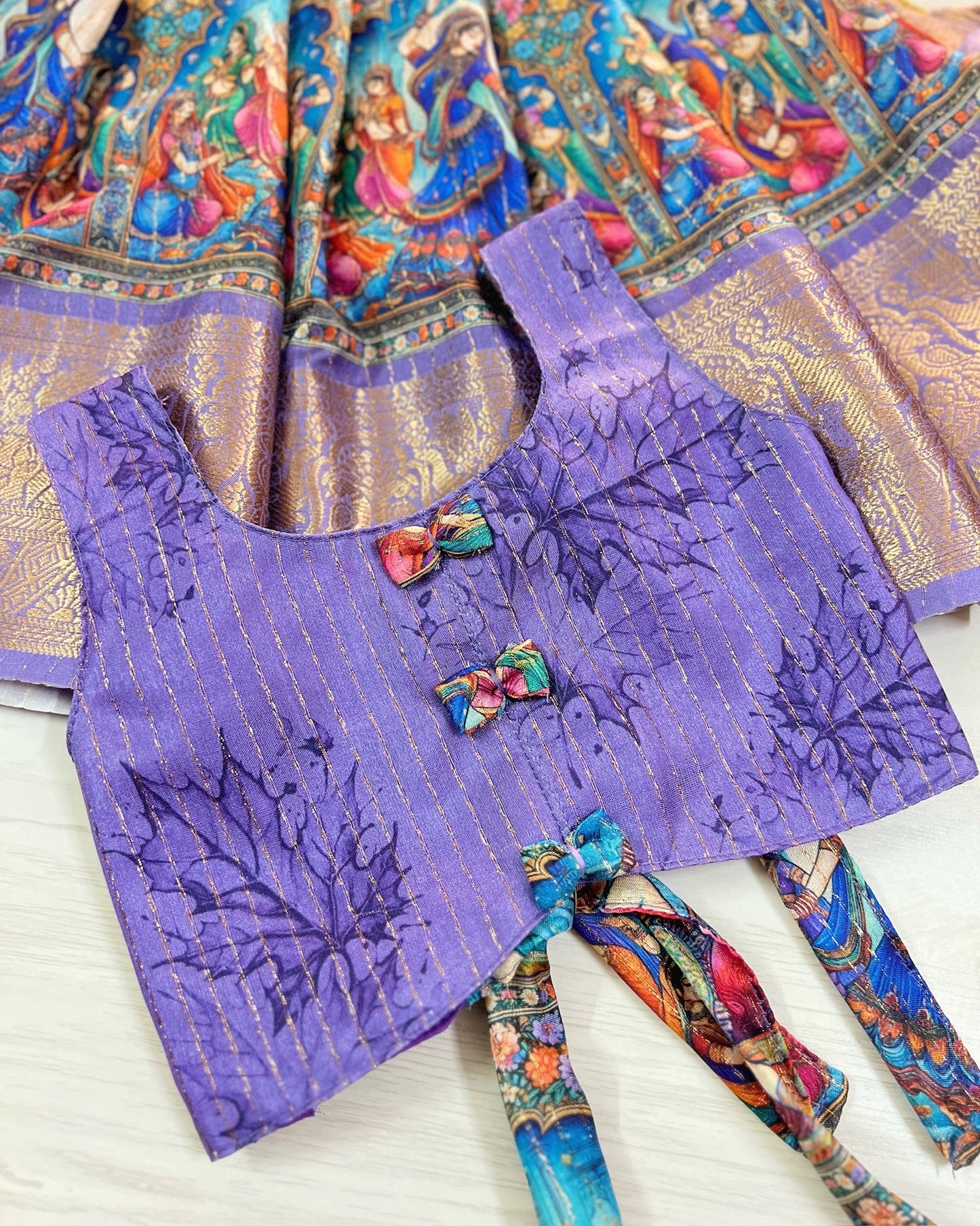 Adorable Amethyst Cute Bow Tie Up Top With Pichwai Print Skirt | The Silkberry