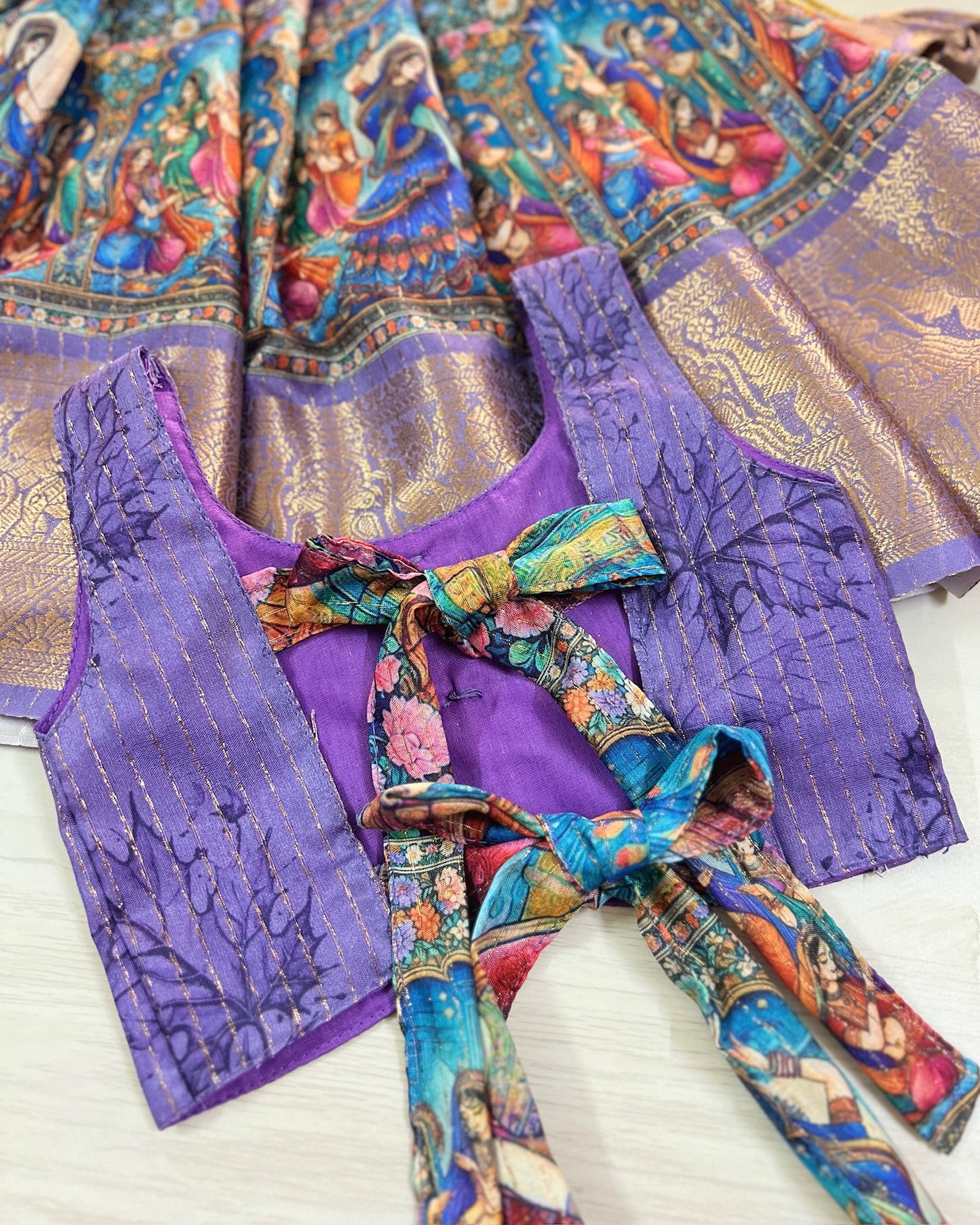 Adorable Amethyst Cute Bow Tie Up Top With Pichwai Print Skirt | The Silkberry