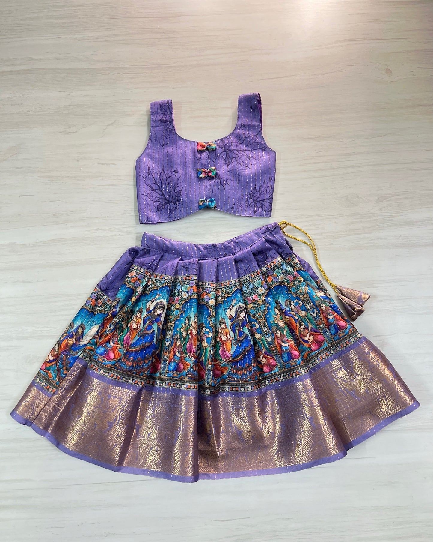 Adorable Amethyst Cute Bow Tie Up Top With Pichwai Print Skirt | The Silkberry