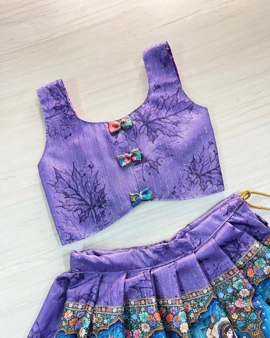 Adorable Amethyst Cute Bow Tie Up Top With Pichwai Print Skirt | The Silkberry