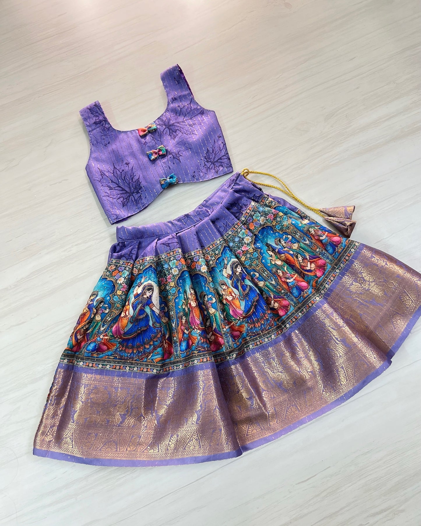 Adorable Amethyst Cute Bow Tie Up Top With Pichwai Print Skirt | The Silkberry