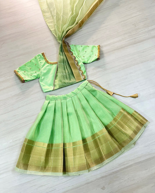 Seafoam Green Half Saree Style Stone Embellished Tissue Silk Lehenga Set | The Silkberry