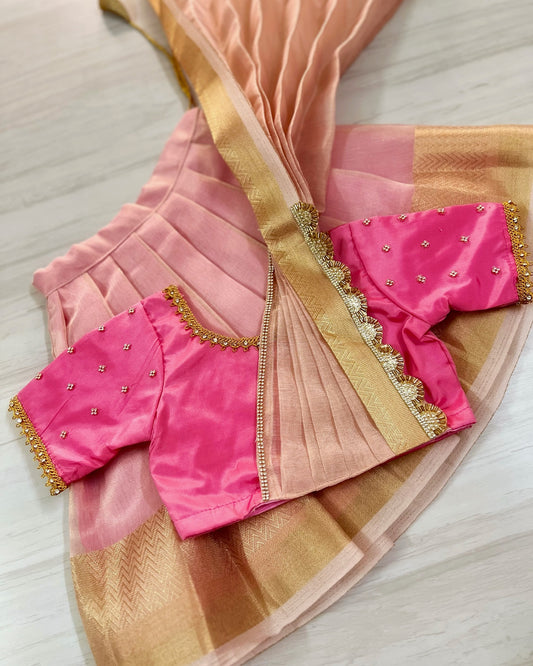 Persian Pink Half Saree Style Stone Embellished Tissue Silk Lehenga Set | The Silkberry