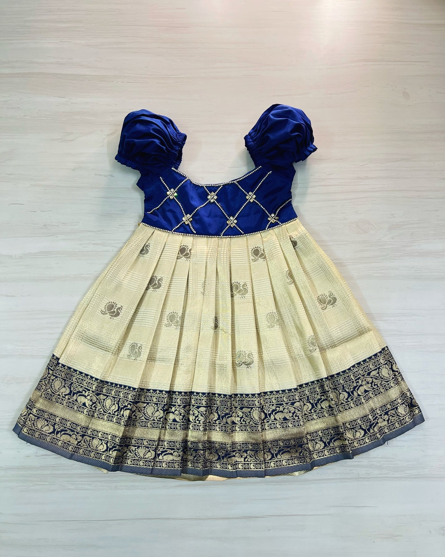 Charming Navy And Cream Criss Cross Stone Work Silk Gown | The Silkberry