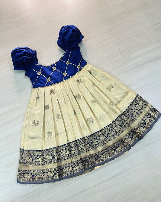 Charming Navy And Cream Criss Cross Stone Work Silk Gown | The Silkberry