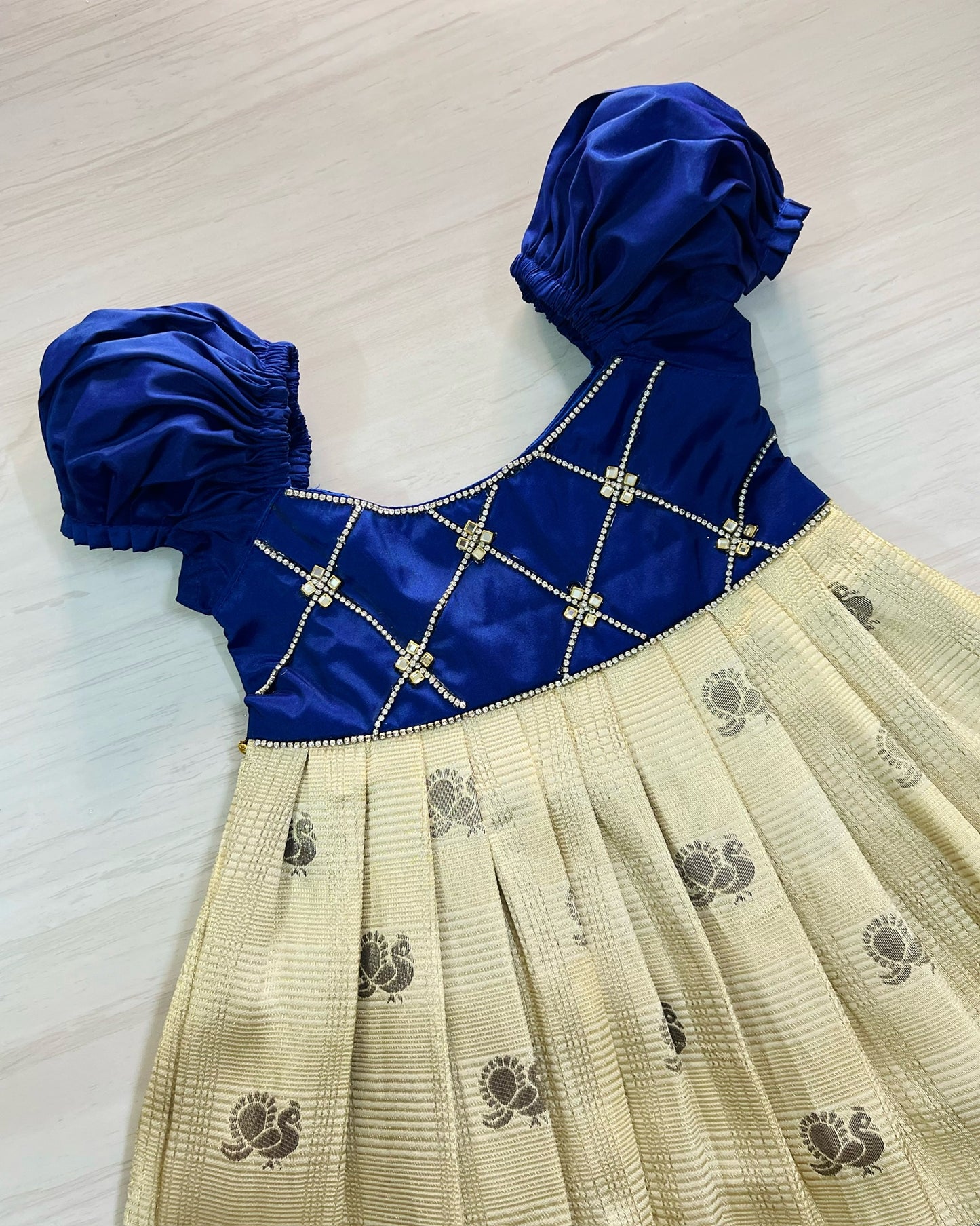 Charming Navy And Cream Criss Cross Stone Work Silk Gown | The Silkberry