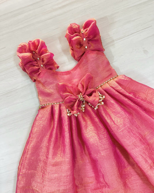 Fluttering Pink Butterfly Pearl Embellished Fluffy Silk Gown