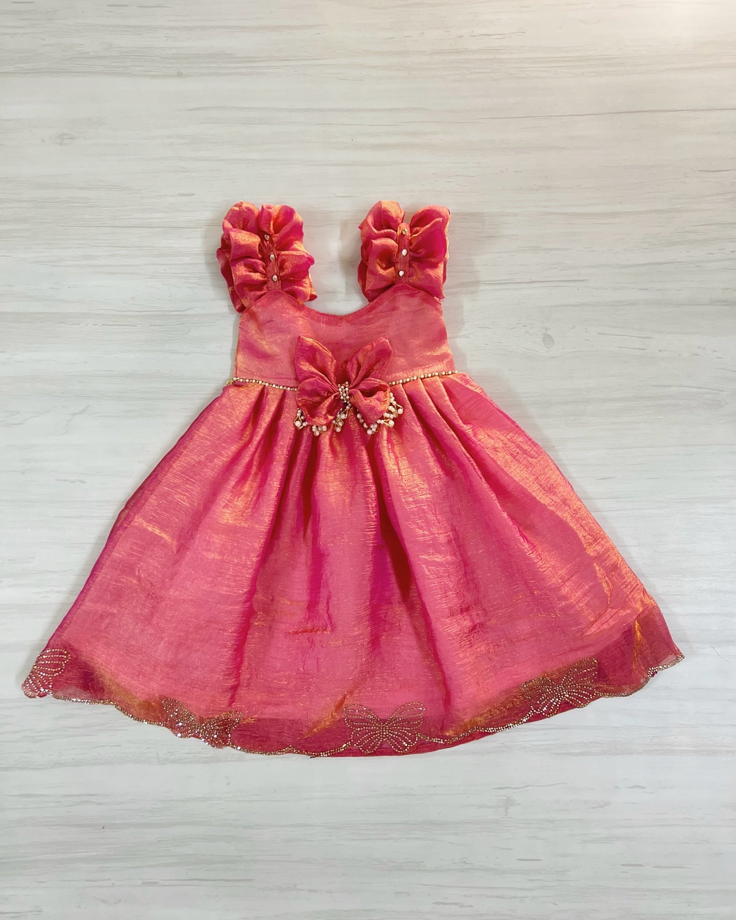 Fluttering Pink Butterfly Pearl Embellished Fluffy Silk Gown