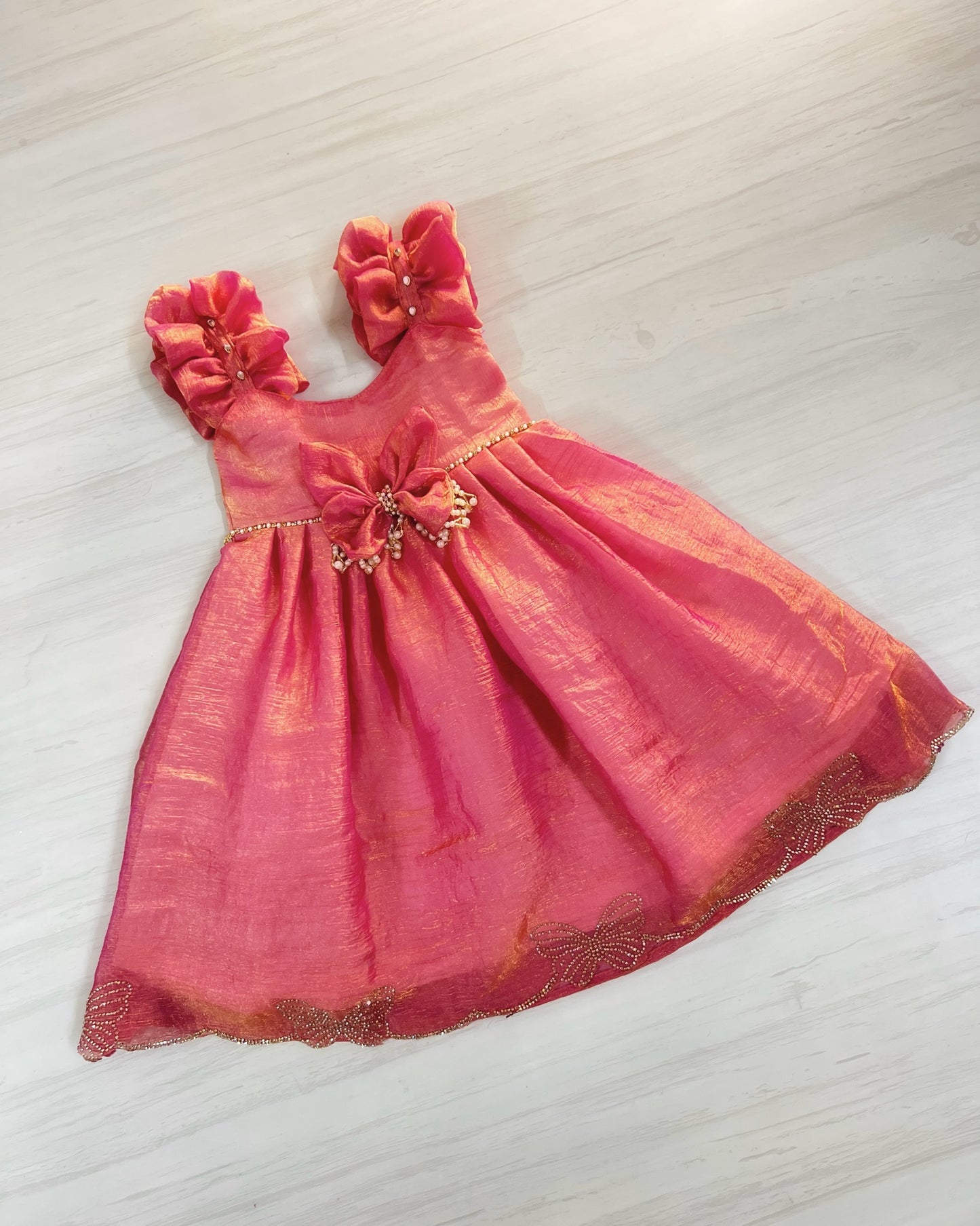 Fluttering Pink Butterfly Pearl Embellished Fluffy Silk Gown