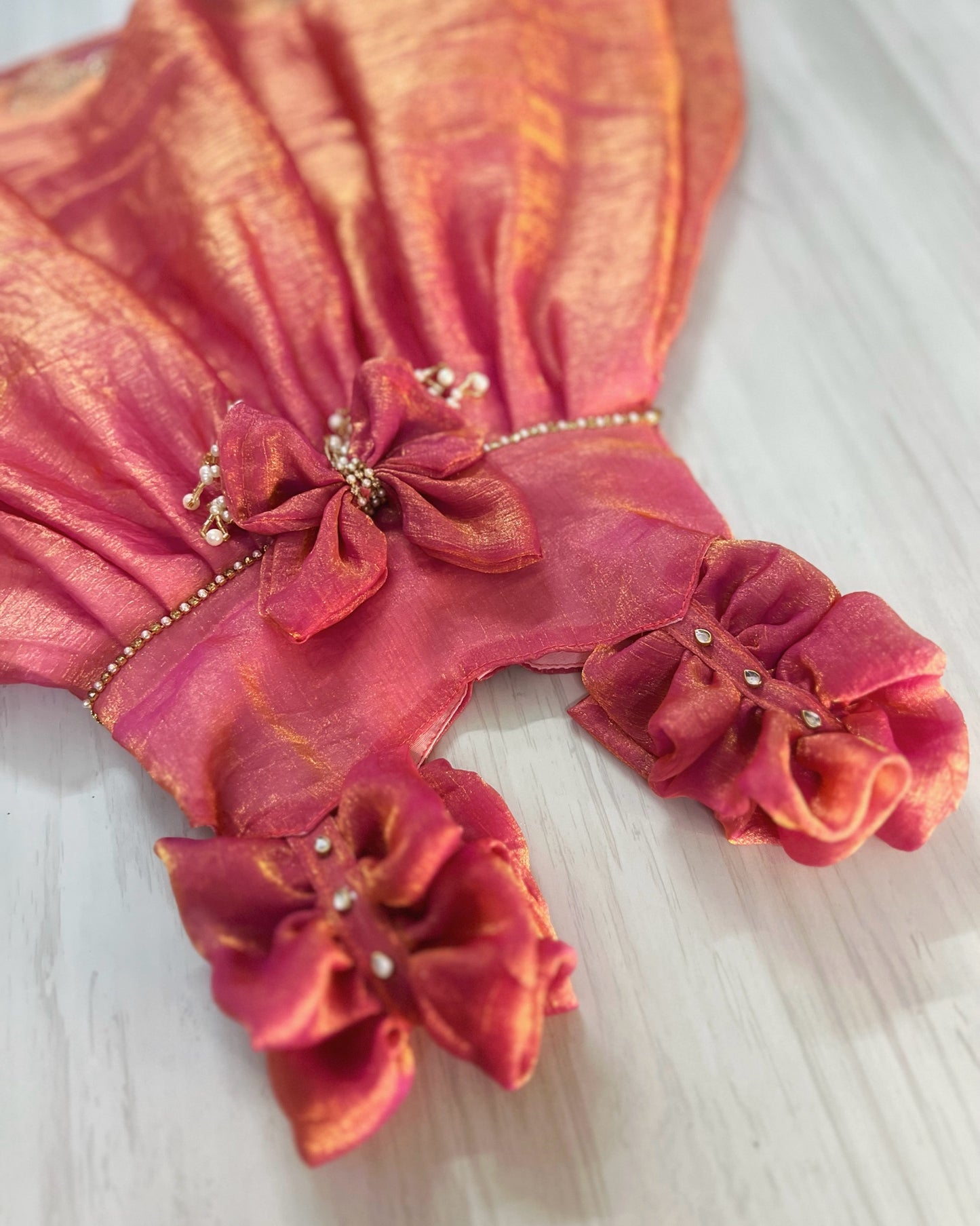 Fluttering Pink Butterfly Pearl Embellished Fluffy Silk Gown