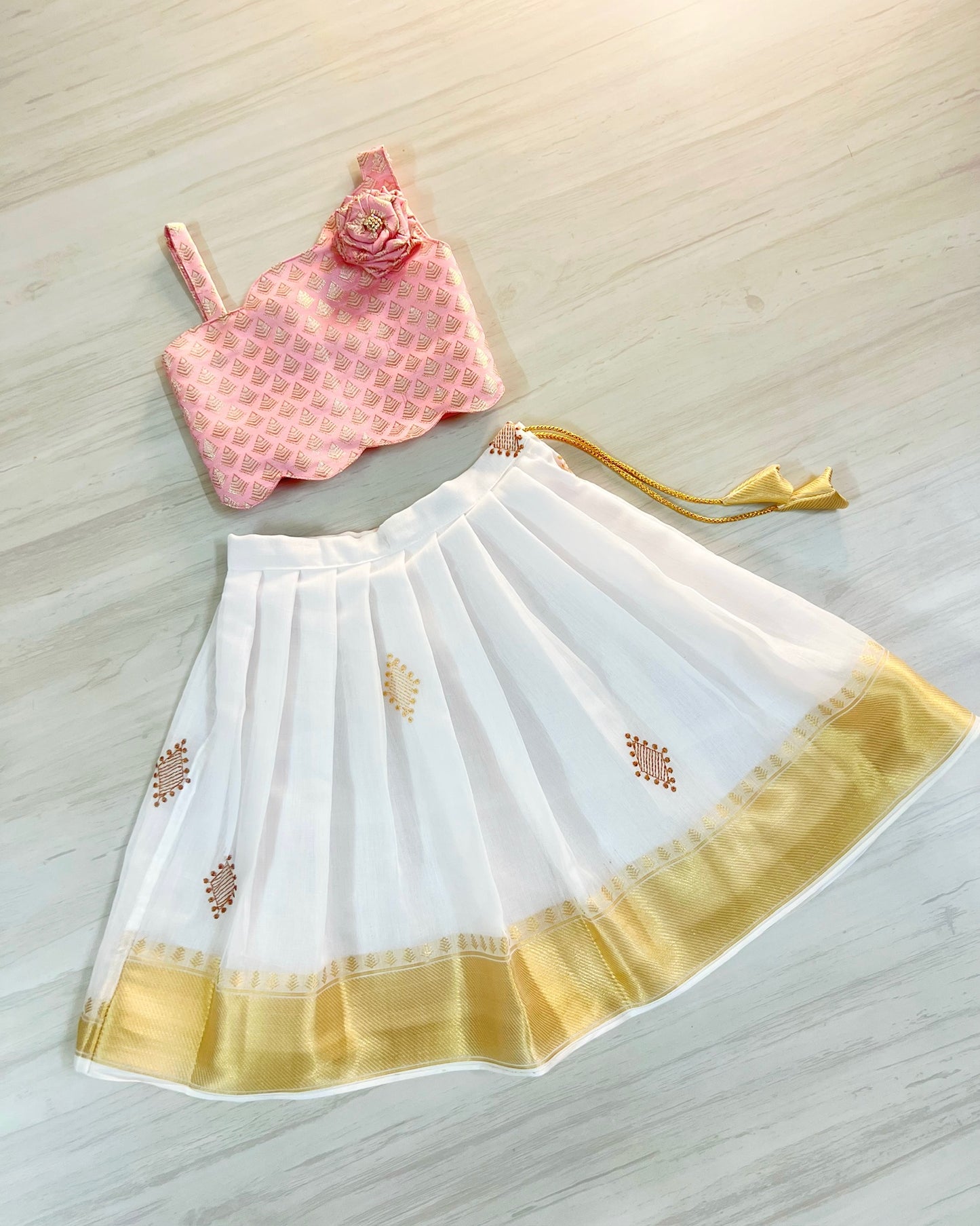 Baby Pink Rose With Pure Cotton White Onam Style Lehenga Set