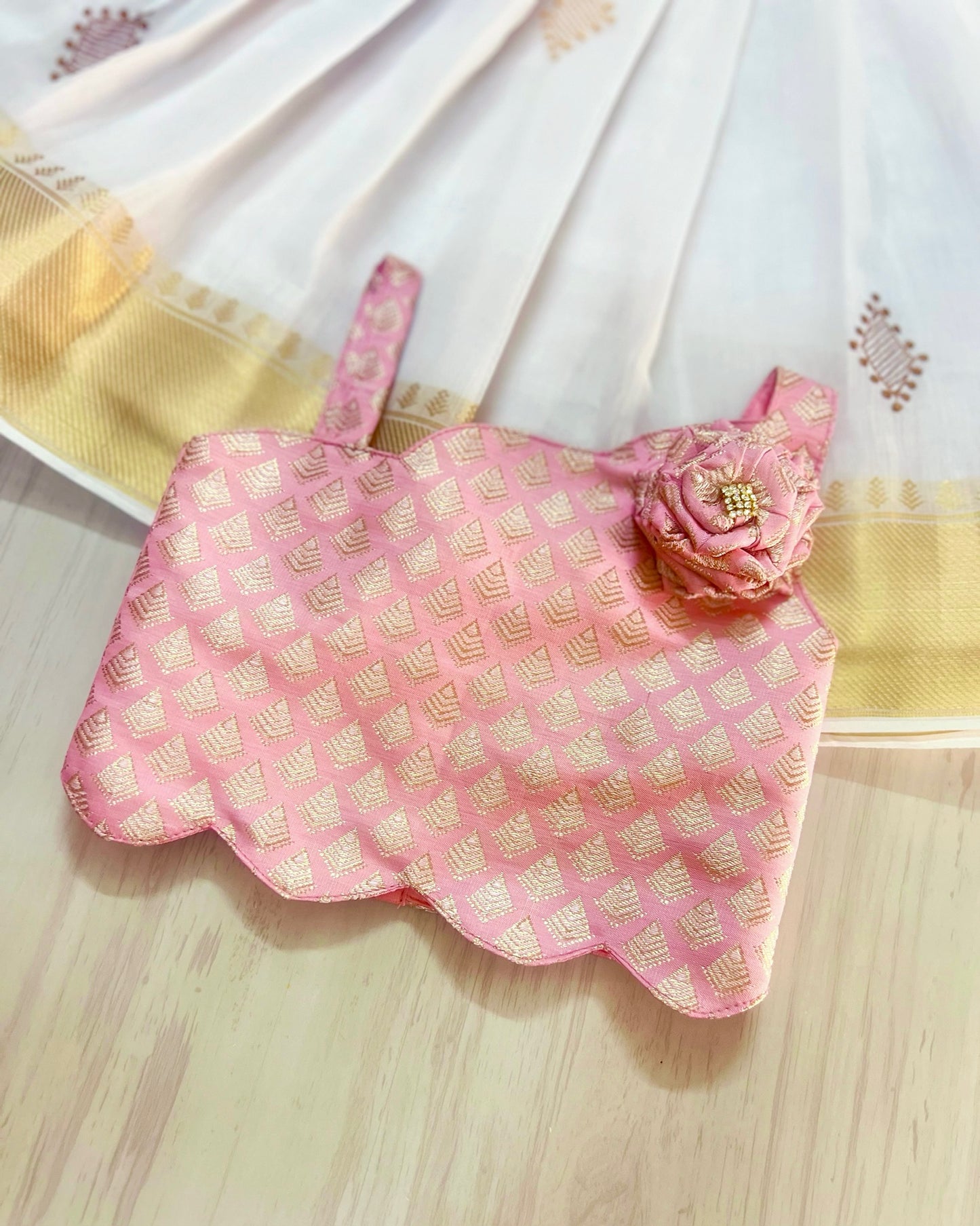 Baby Pink Rose With Pure Cotton White Onam Style Lehenga Set