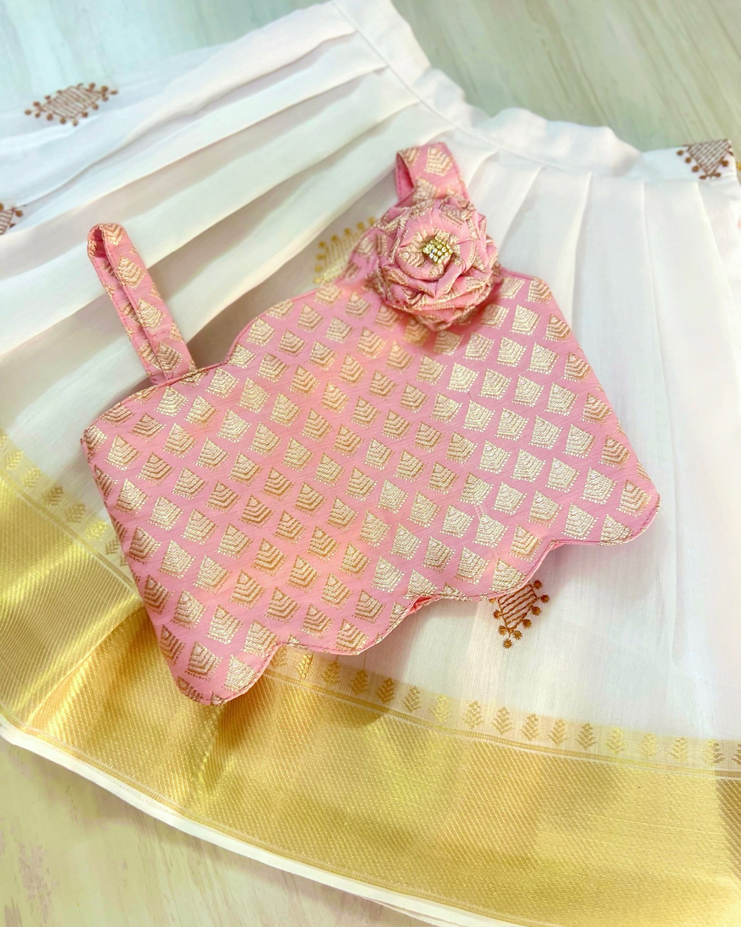 Baby Pink Rose With Pure Cotton White Onam Style Lehenga Set