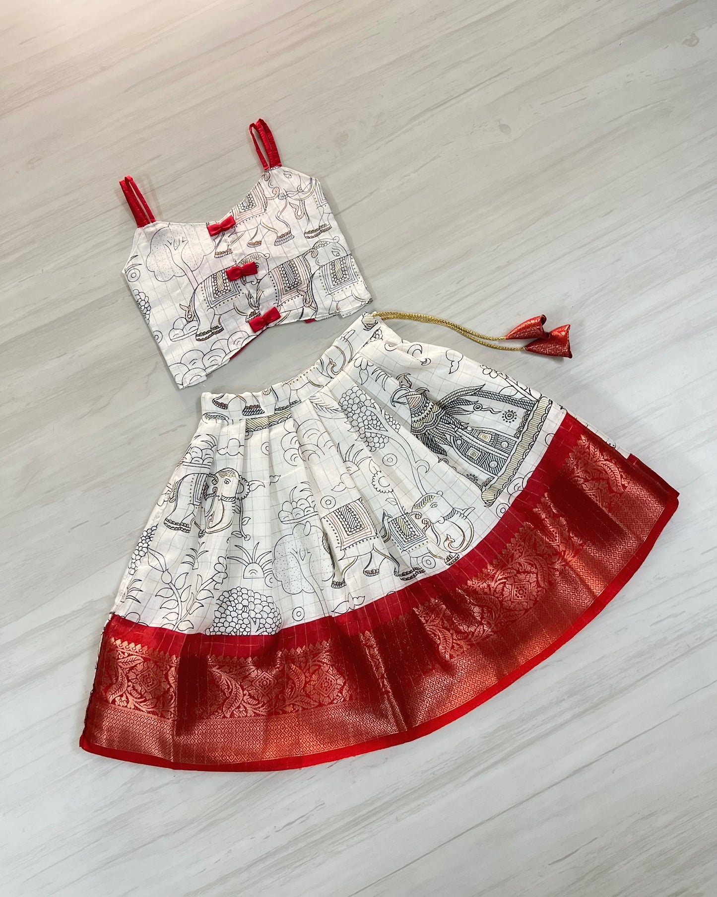 Porcelain White With Cute Red Bows Tie-Up Lehenga Set
