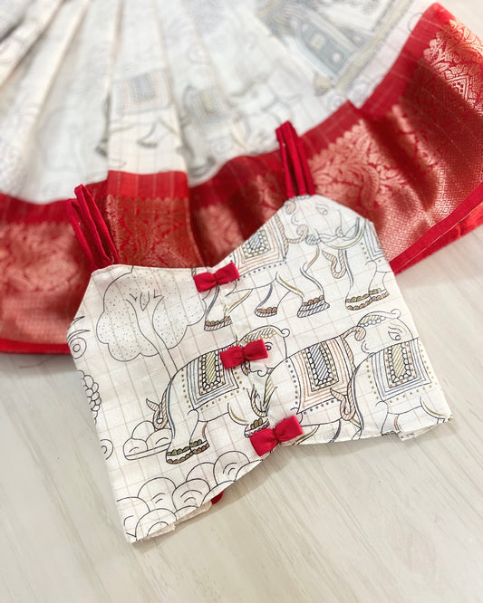 Porcelain White With Cute Red Bows Tie-Up Lehenga Set