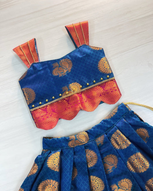 Midnight Blue With Magenta Scallop Traditional Lehenga Set