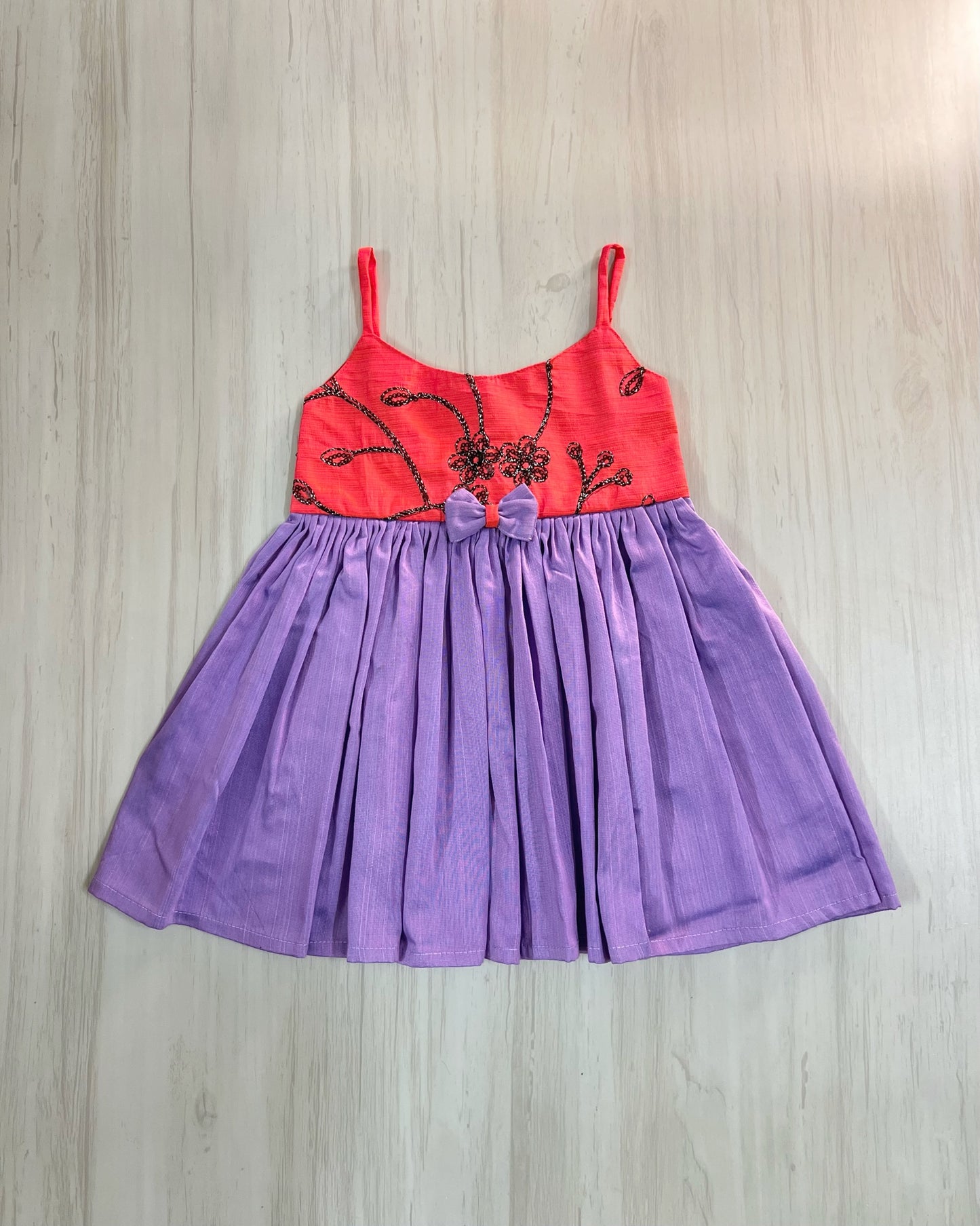 Vivid Coral With Lavender Bow Style Frock