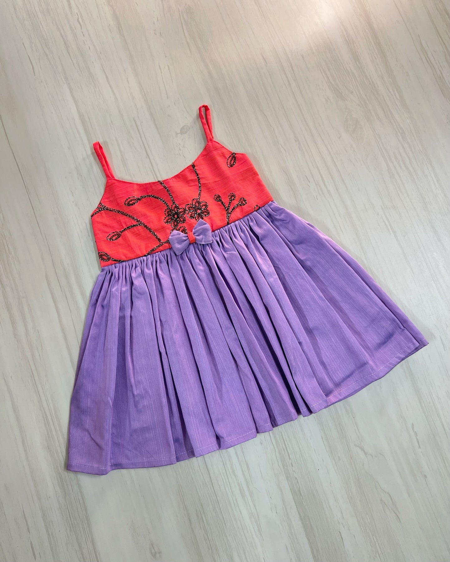 Vivid Coral With Lavender Bow Style Frock