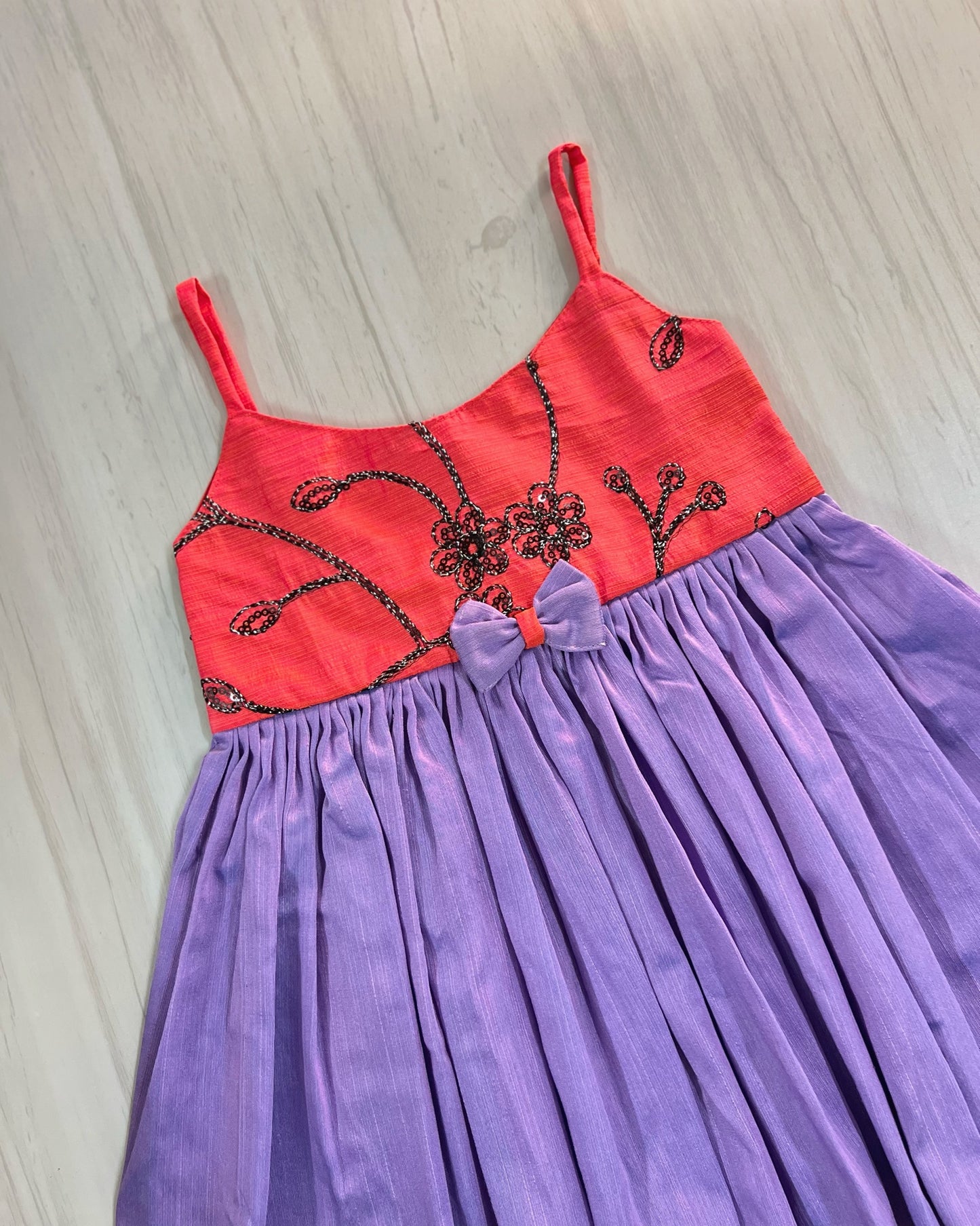 Vivid Coral With Lavender Bow Style Frock