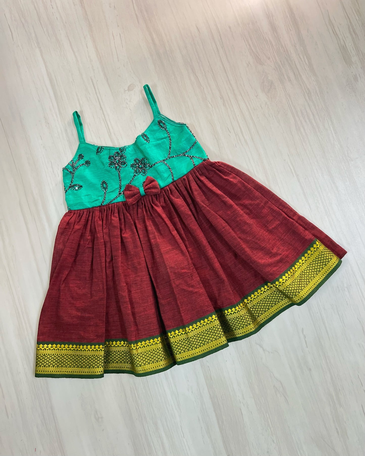 Rich Teal With Maroon Bow Style Frock