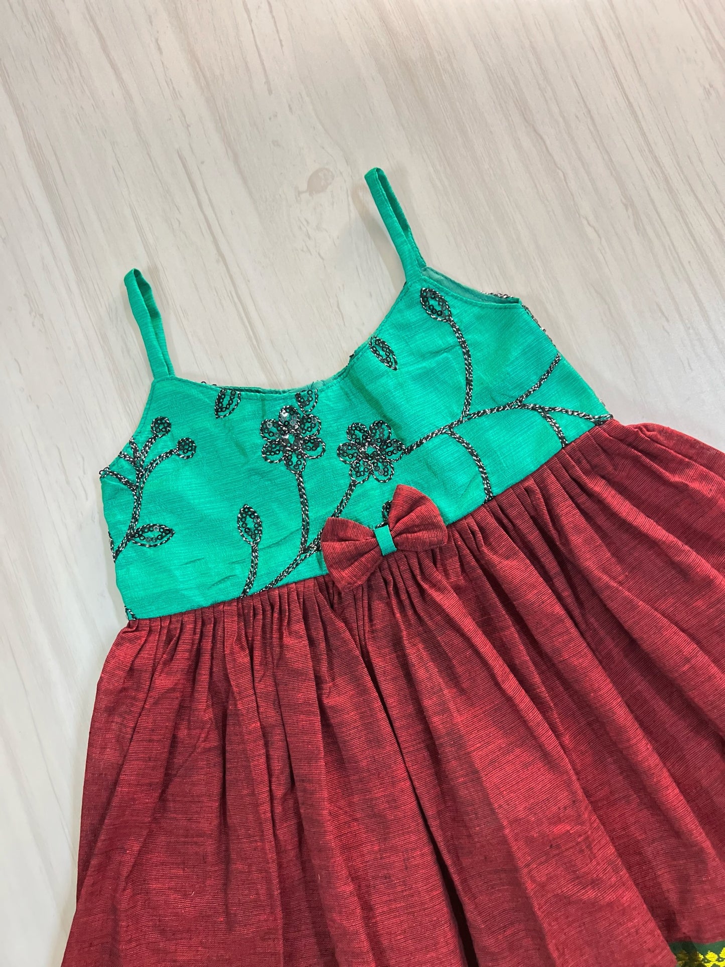 Rich Teal With Maroon Bow Style Frock