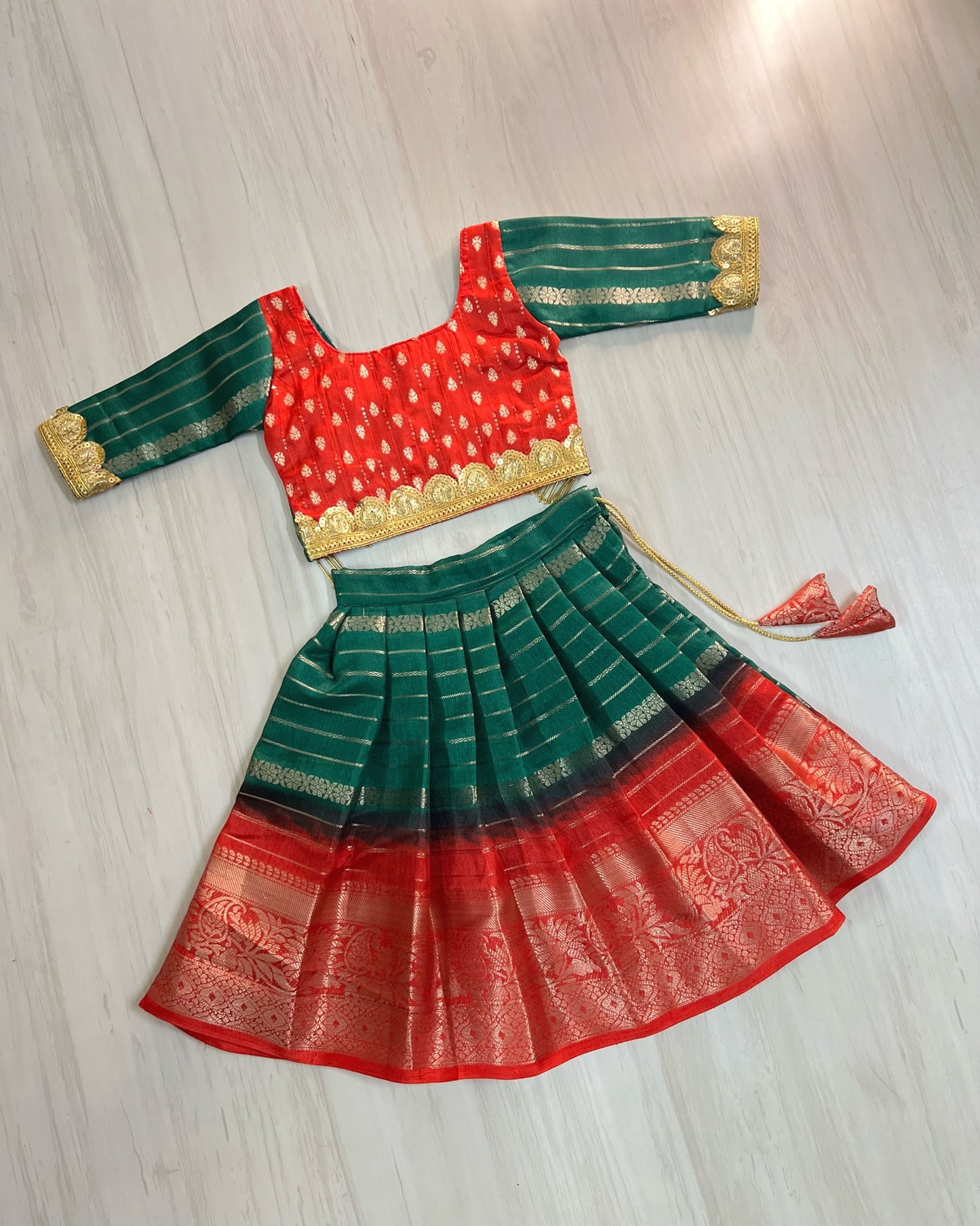 Vermillion Red With Dark Green Modern Back Golden Hangings Lehenga
