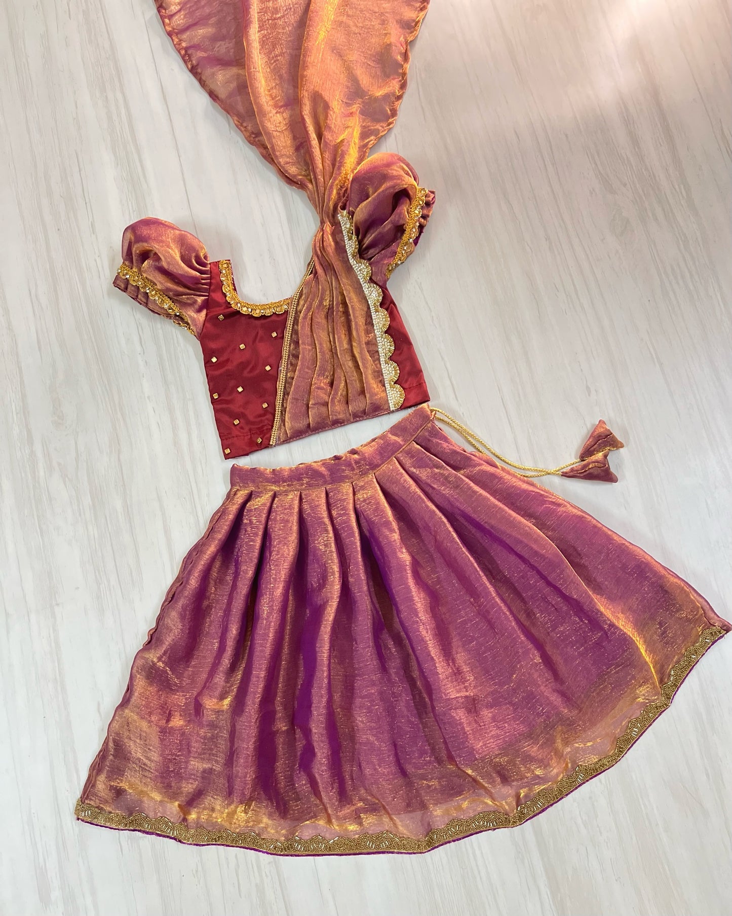 Deep Burgundy With Glossy Purple Half Saree Style Embellished Lehenga Set
