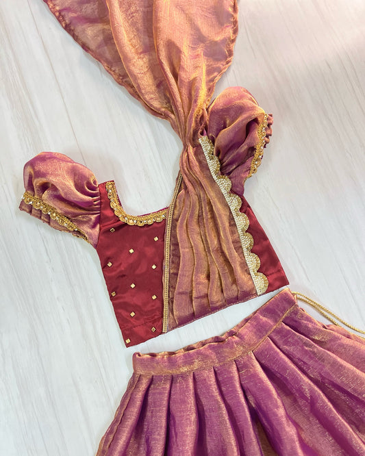 Deep Burgundy With Glossy Purple Half Saree Style Embellished Lehenga Set