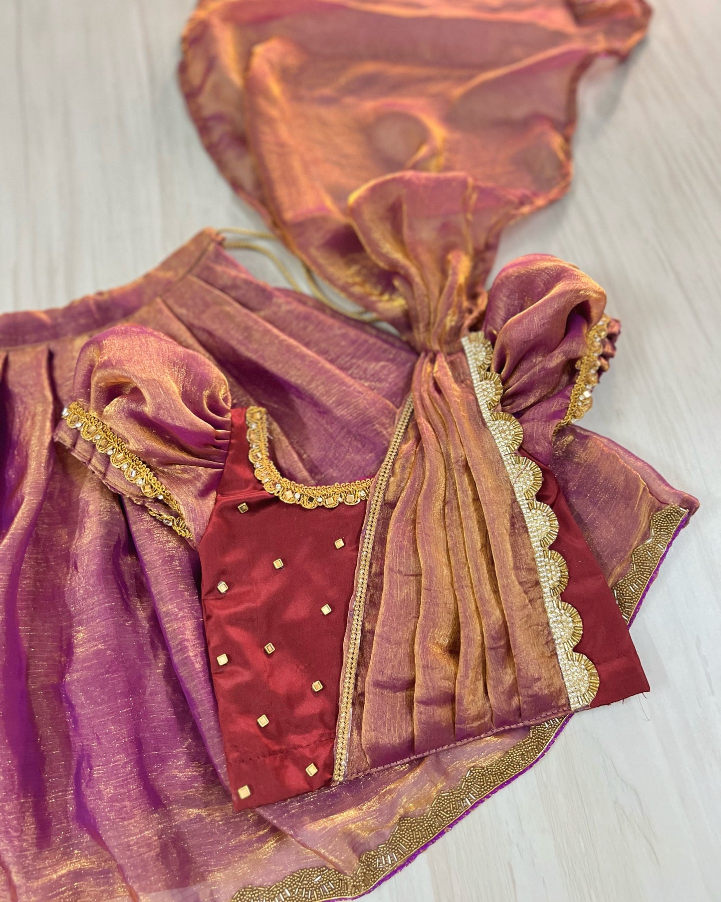 Deep Burgundy With Glossy Purple Half Saree Style Embellished Lehenga Set