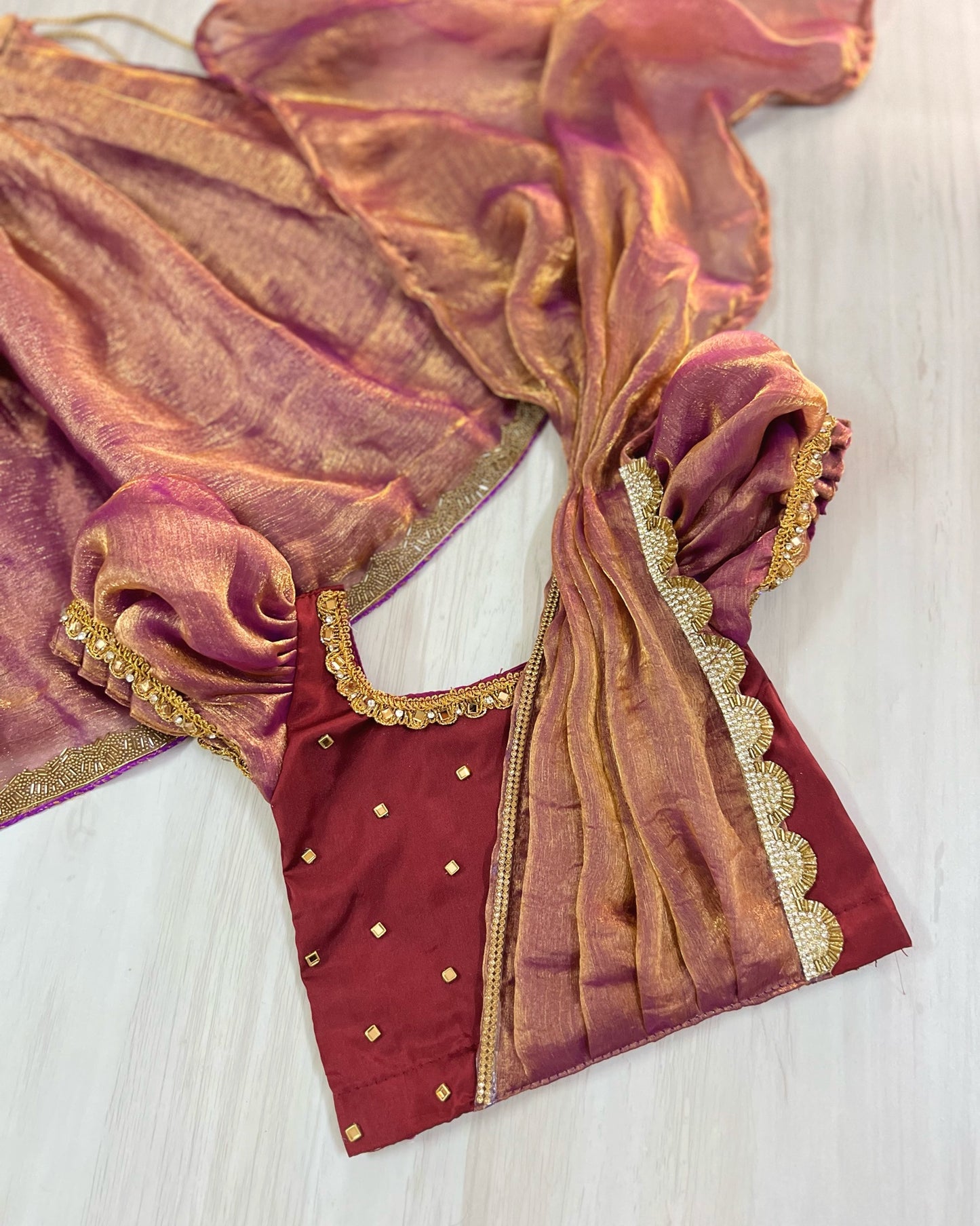 Deep Burgundy With Glossy Purple Half Saree Style Embellished Lehenga Set