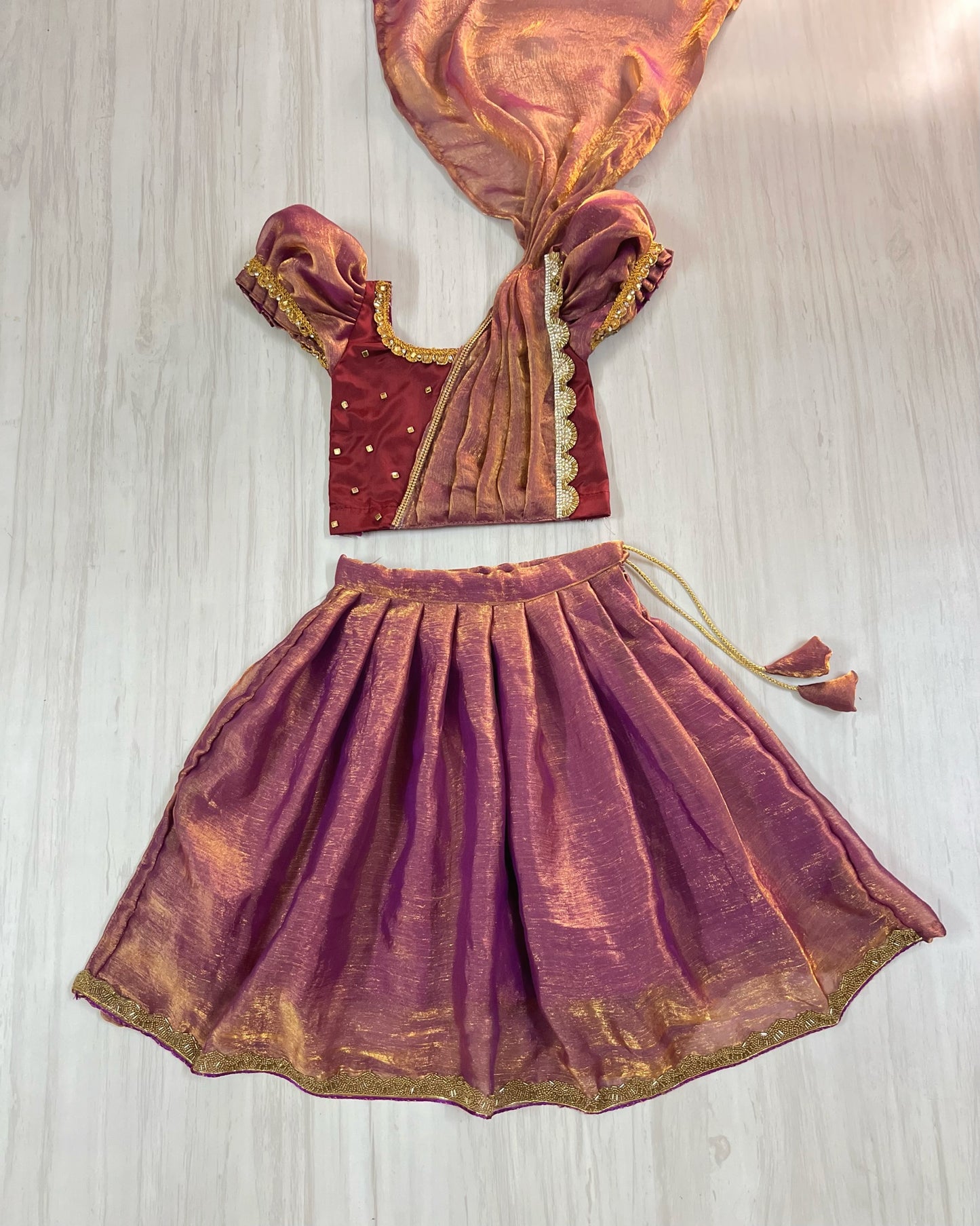 Deep Burgundy With Glossy Purple Half Saree Style Embellished Lehenga Set
