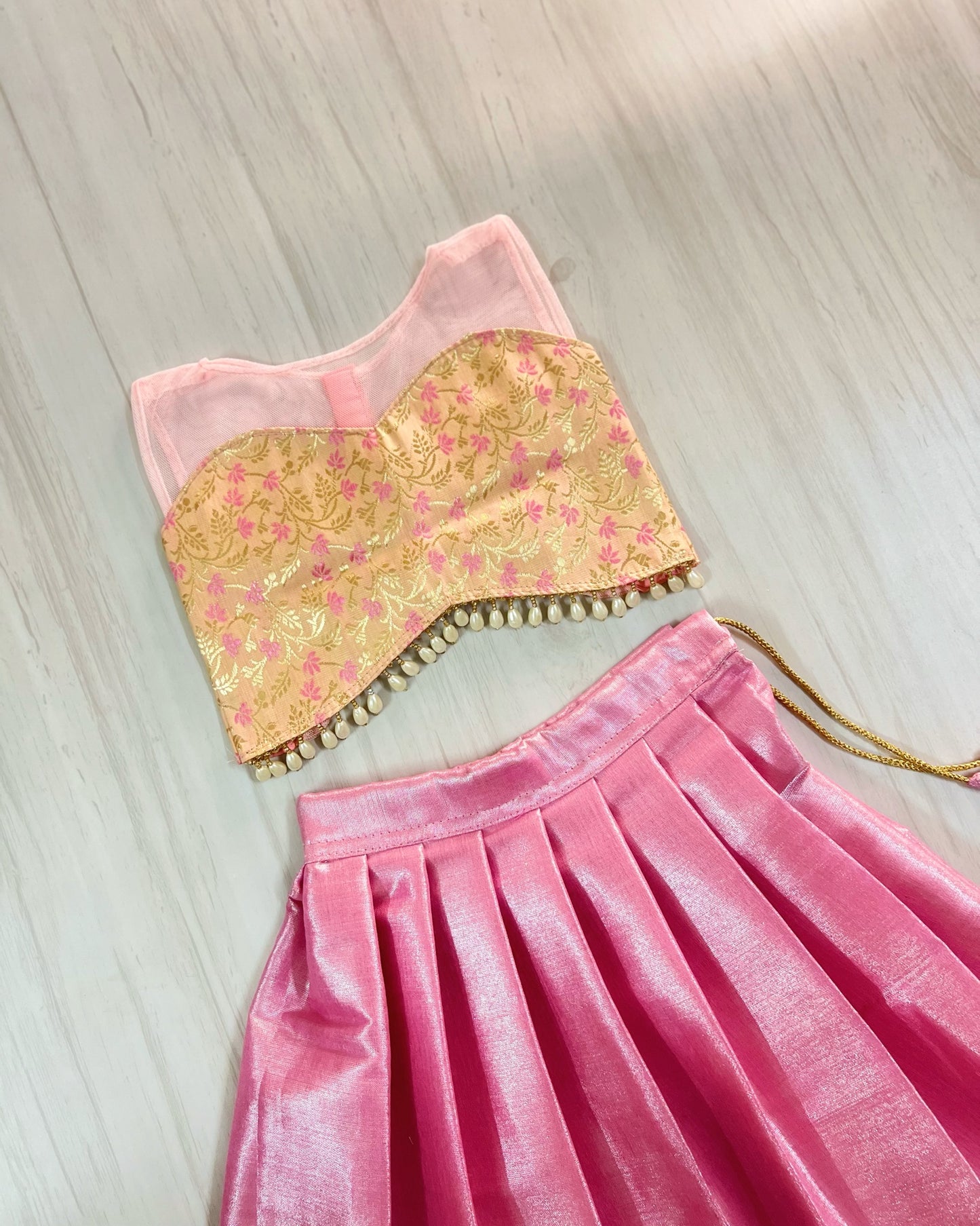 Cherry Blossom Pink Netted Brocade Silk Top With Baby Pink Lehenga
