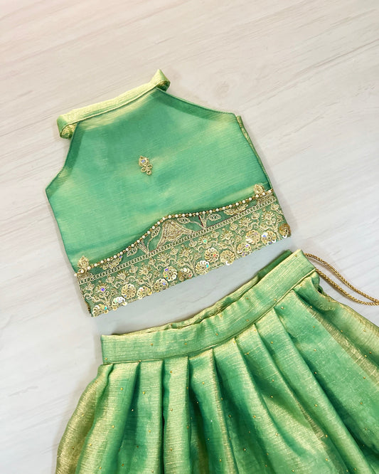 Cool Turquoise Intricate Embroidered Halter Neck Lehenga Set
