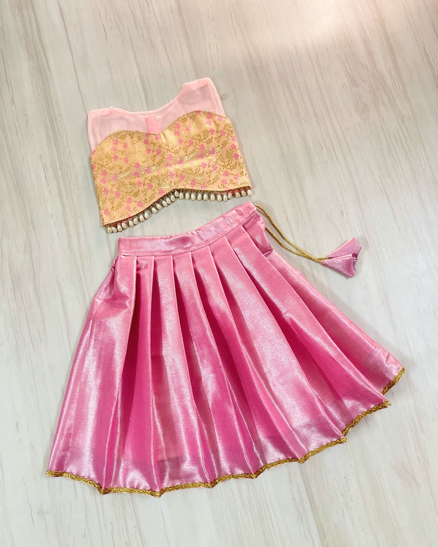 Cherry Blossom Pink Netted Brocade Silk Top With Baby Pink Lehenga
