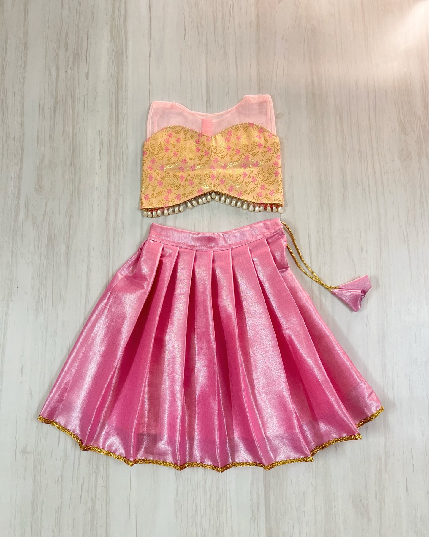 Cherry Blossom Pink Netted Brocade Silk Top With Baby Pink Lehenga