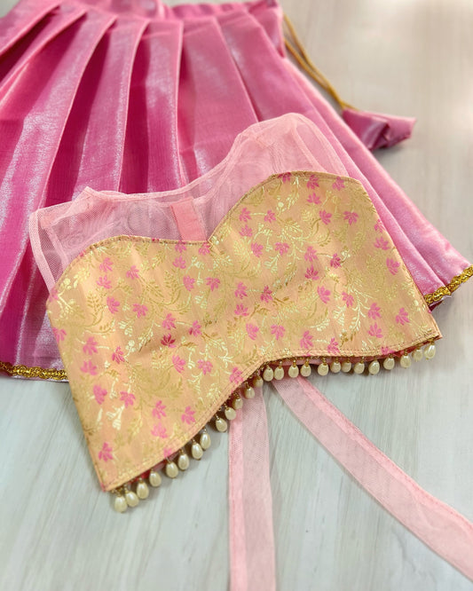 Cherry Blossom Pink Netted Brocade Silk Top With Baby Pink Lehenga