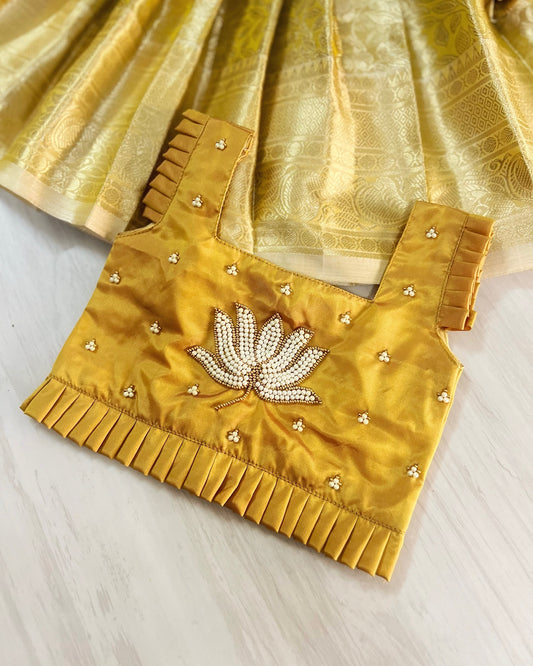 Honey Gold Pearly Lotus Embroidered Aari Work Lehenga Set