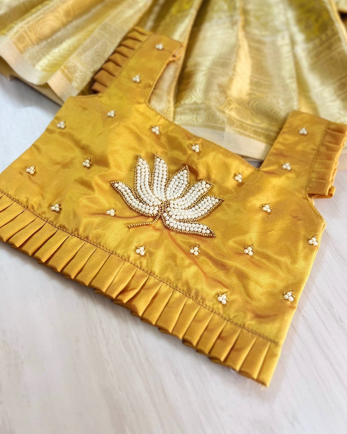 Honey Gold Pearly Lotus Embroidered Aari Work Lehenga Set