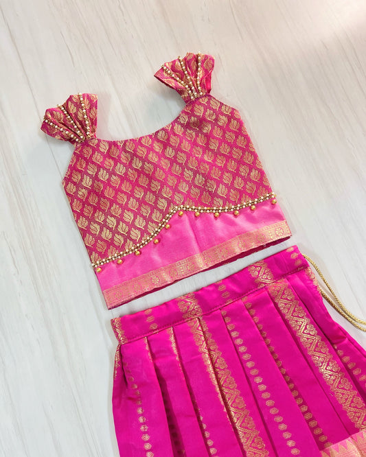 Gorgeous Hot Pink Elegant Zari Work Double Border Traditional Lehenga Set